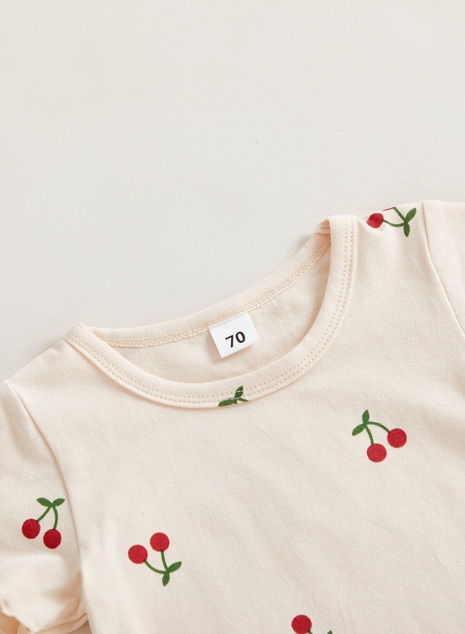 Socutebabe ملابس صيفية لطيفة للفتيات الصغيرات من Socutebabe، تيشيرت قصير الأكمام من القطن مزين بكشكشة بلون الكرز، بالإضافة إلى شورت للعب (لون الكرز والمشمش، مقاس 2-3 سنوات) - Image 5