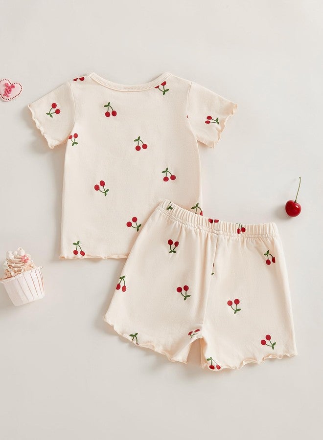 Socutebabe ملابس صيفية لطيفة للفتيات الصغيرات من Socutebabe، تيشيرت قصير الأكمام من القطن مزين بكشكشة بلون الكرز، بالإضافة إلى شورت للعب (لون الكرز والمشمش، مقاس 2-3 سنوات) - Image 4