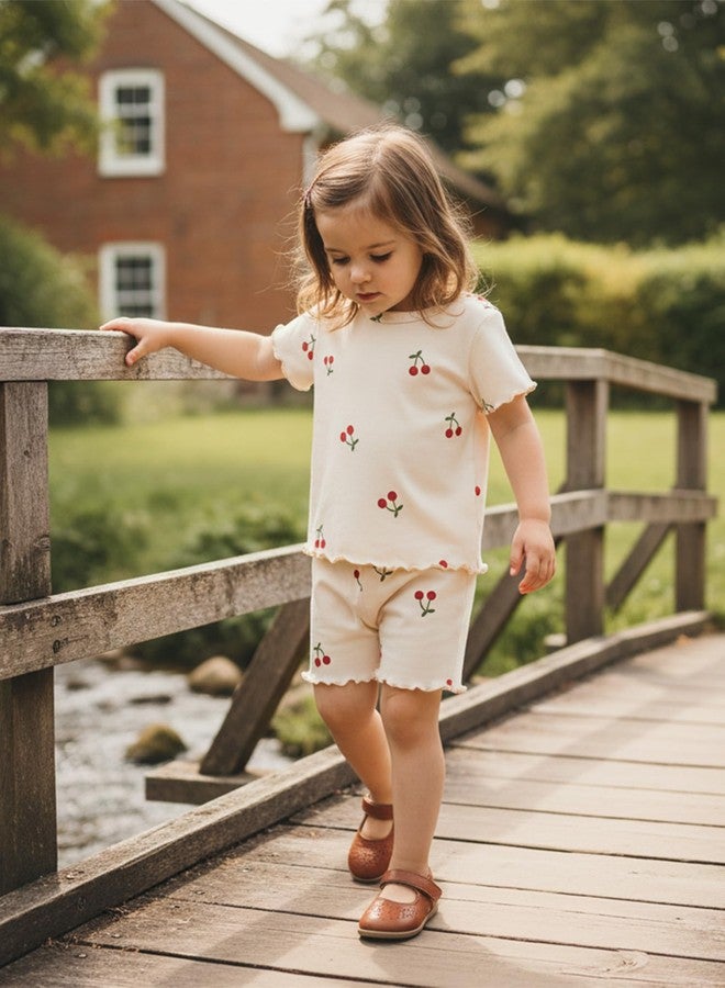Socutebabe ملابس صيفية لطيفة للفتيات الصغيرات من Socutebabe، تيشيرت قصير الأكمام من القطن مزين بكشكشة بلون الكرز، بالإضافة إلى شورت للعب (لون الكرز والمشمش، مقاس 2-3 سنوات) - Image 2