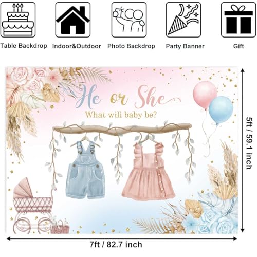 Sensfun Boho Gender Reveal Backdrop Baby Shower He or She Banner Blue and Pink Cute Clothes Baby Gender Reveal Background Party Decorations Supplies Cake Table Banner 82.7x59.1 inch - Image 5