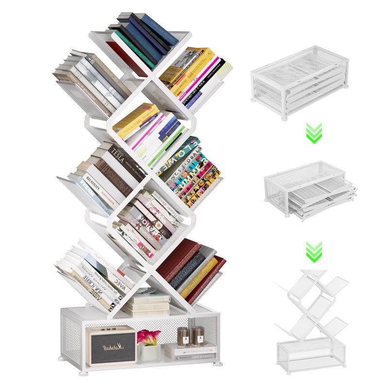 Gintan 9-Tier Corner Bookshelf with Storage,Bedroom Shelves Folding Bookshelves,No Installation Required Shelf Tree Bookcase for Living Room,Study,Home Office,Bed Room (White) - Image 1