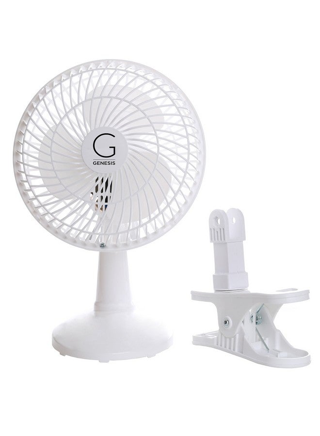 Genesis 6-Inch Clip Convertible Table-Top & Clip Fan Two Quiet Speeds - Ideal For The Home, Office, Dorm, More White