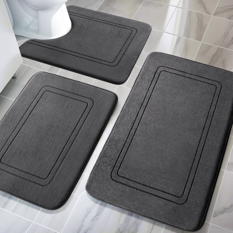 YIHOUSE Memory Foam Bath Mat Set Non Slip Bath Mats for Bathroom Super Soft and Water Absorbent Bath Rug Set Machine Washable U Shape Toilet Mats Dark Grey - Image 2
