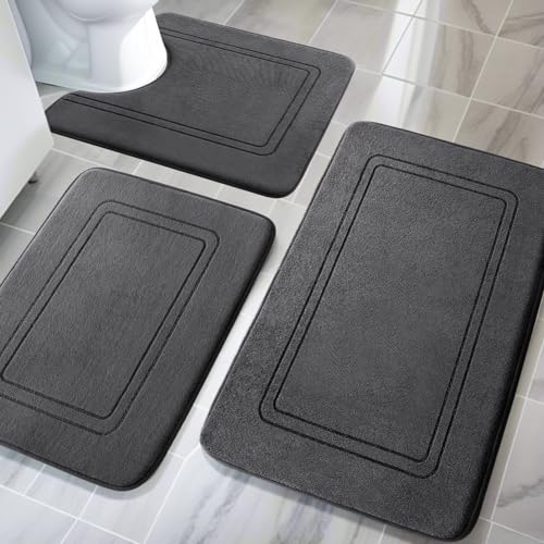 YIHOUSE Memory Foam Bath Mat Set Non Slip Bath Mats for Bathroom Super Soft and Water Absorbent Bath Rug Set Machine Washable U Shape Toilet Mats Dark Grey - Image 1
