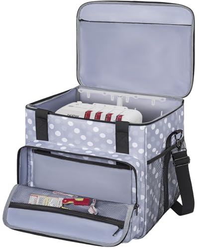 GMAK Serger Carrying Case Universal Serger Storage Bags with Base Padding Pad Storage Pockets Travel Case with Shoulder Strap for Most Standard Overlock Sewing Machines and Accessories Grey Dots - Image 1