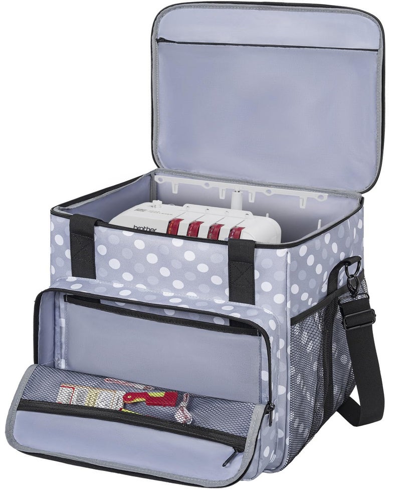 GMAK Serger Carrying Case Universal Serger Storage Bags with Base Padding Pad Storage Pockets Travel Case with Shoulder Strap for Most Standard Overlock Sewing Machines and Accessories Grey Dots - Image 2