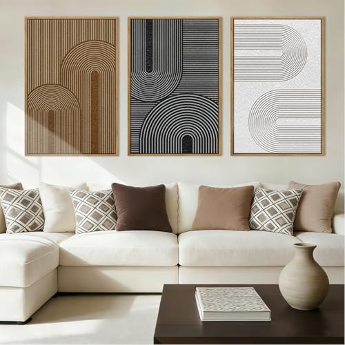 BINCUE Abstract Neutral Canvas Paintings Framed Modern Wall Art Neutral Geometric Wall Decor Modern Abstract Artwork Black and White Wall Painting Brown Pictures for Bedroom Living Room Office 16x24 Inch Set of 3 - Image 1