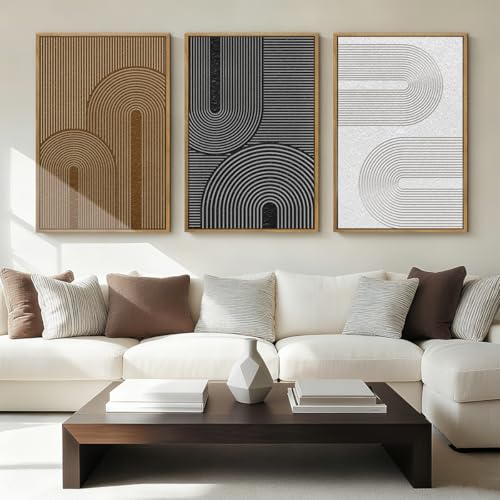 BINCUE Abstract Neutral Canvas Paintings Framed Modern Wall Art Neutral Geometric Wall Decor Modern Abstract Artwork Black and White Wall Painting Brown Pictures for Bedroom Living Room Office 16x24 Inch Set of 3 - Image 3
