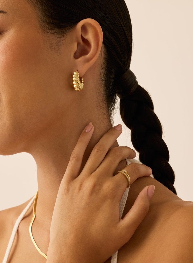 PAVOI 14K Yellow Gold Plated Chunky Croissant Ribbed Retro Hoop Earrings for Women | Gold Statement Earring Pair - Image 4