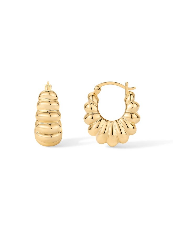 PAVOI 14K Yellow Gold Plated Chunky Croissant Ribbed Retro Hoop Earrings for Women | Gold Statement Earring Pair - Image 1