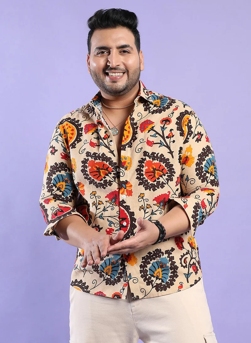 Instafab Plus Instafab Plus Men's Multicolour Ethnic Floral Shirt For Casual Wear | Spread Collar | Long Sleeve | Button Closure | Cotton Shirt Crafted With Comfort Fit For Everyday Wear