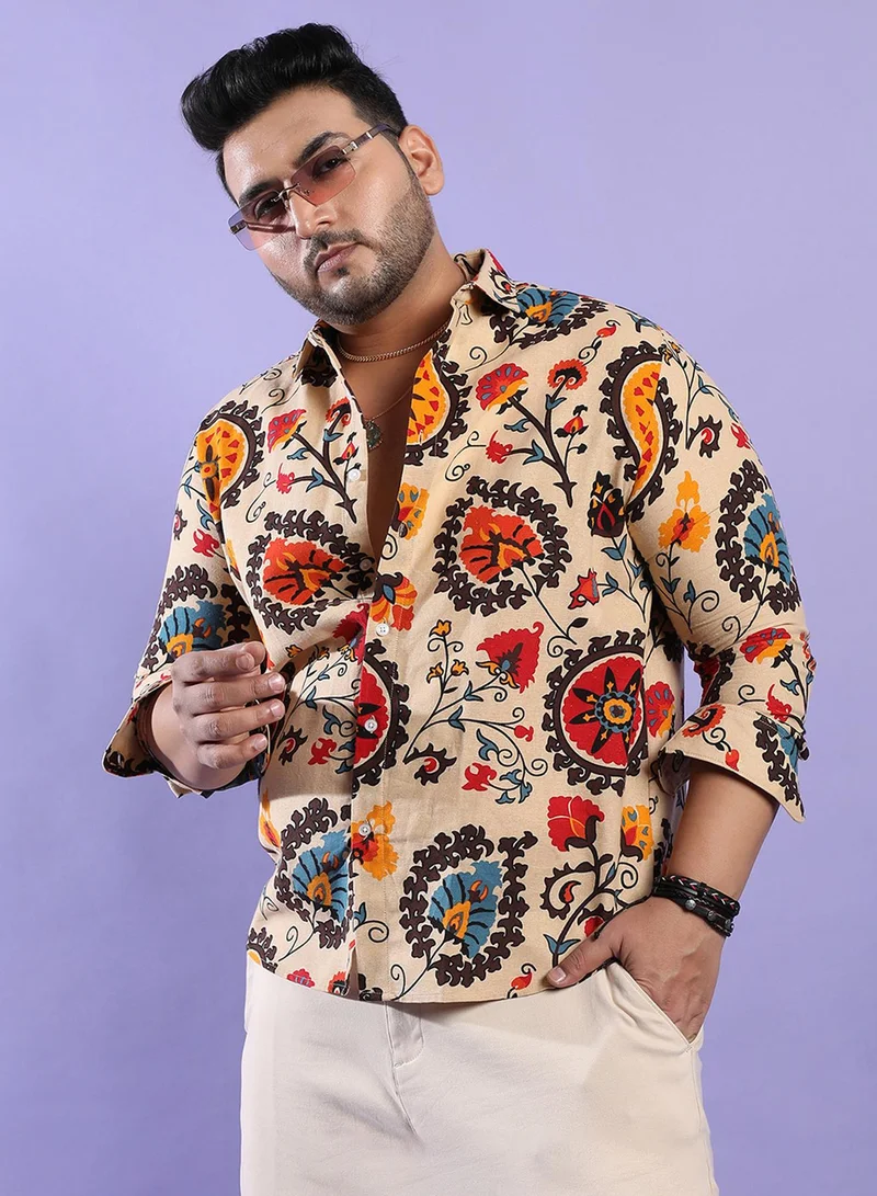 Instafab Plus Instafab Plus Men's Multicolour Ethnic Floral Shirt For Casual Wear | Spread Collar | Long Sleeve | Button Closure | Cotton Shirt Crafted With Comfort Fit For Everyday Wear