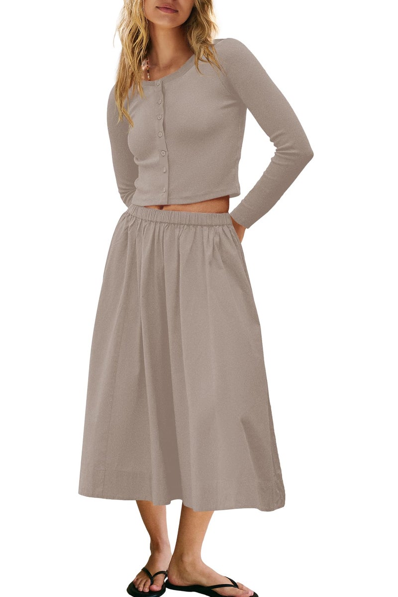 Panadila Womens 2 Piece Lounge Sets Matching Vacation Outfits Ribbed Button Down Cardigan and Elastic Waist Skirt Sets (Light Grey,S) - Image 1