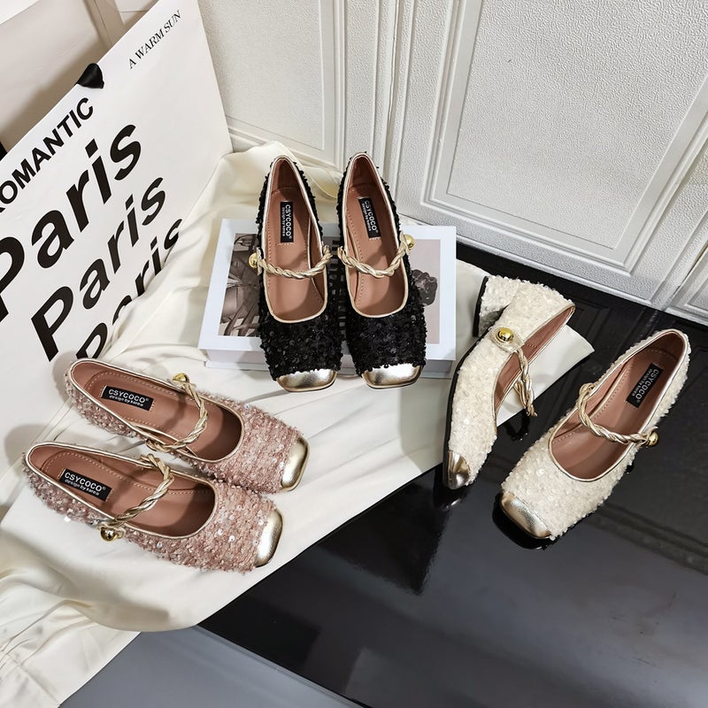 Evening Breeze Thick Heel Color Matching Sequins Mary Jane Shoes Heel Height 4Cm - Image 2