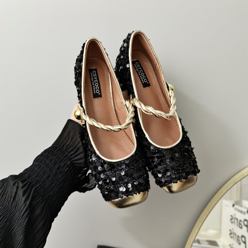 Evening Breeze Thick Heel Color Matching Sequins Mary Jane Shoes Heel Height 4Cm - Image 5