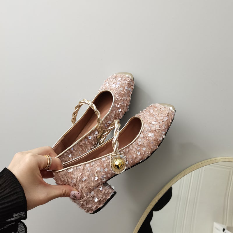 Evening Breeze Thick Heel Color Matching Sequins Mary Jane Shoes Heel Height 4Cm - Image 4