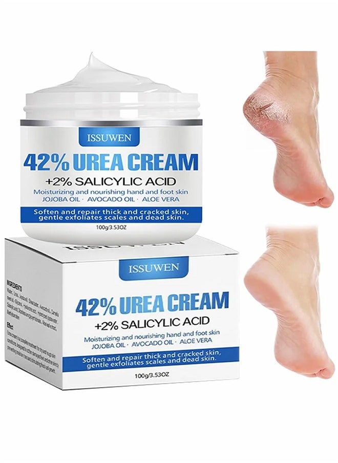 ISSUWEN - Urea Cream 42% And Salicylic Acid 2%, Foot Cream For Dry Cracked Heels Knees Elbows Hands Repair Treatment, Foot Moisturizer Corn Callus Dead Skin Remover Toenail Softener For Foot Care 100g - Image 1