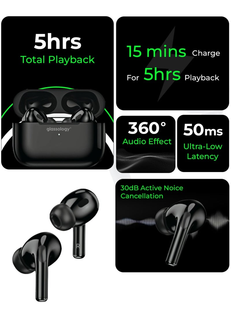 glassology GTW2B Black Truly Wireless Earbuds Pro ANC Black T Customized Sound Over 5H Playtime Sleek Black Design - Image 3