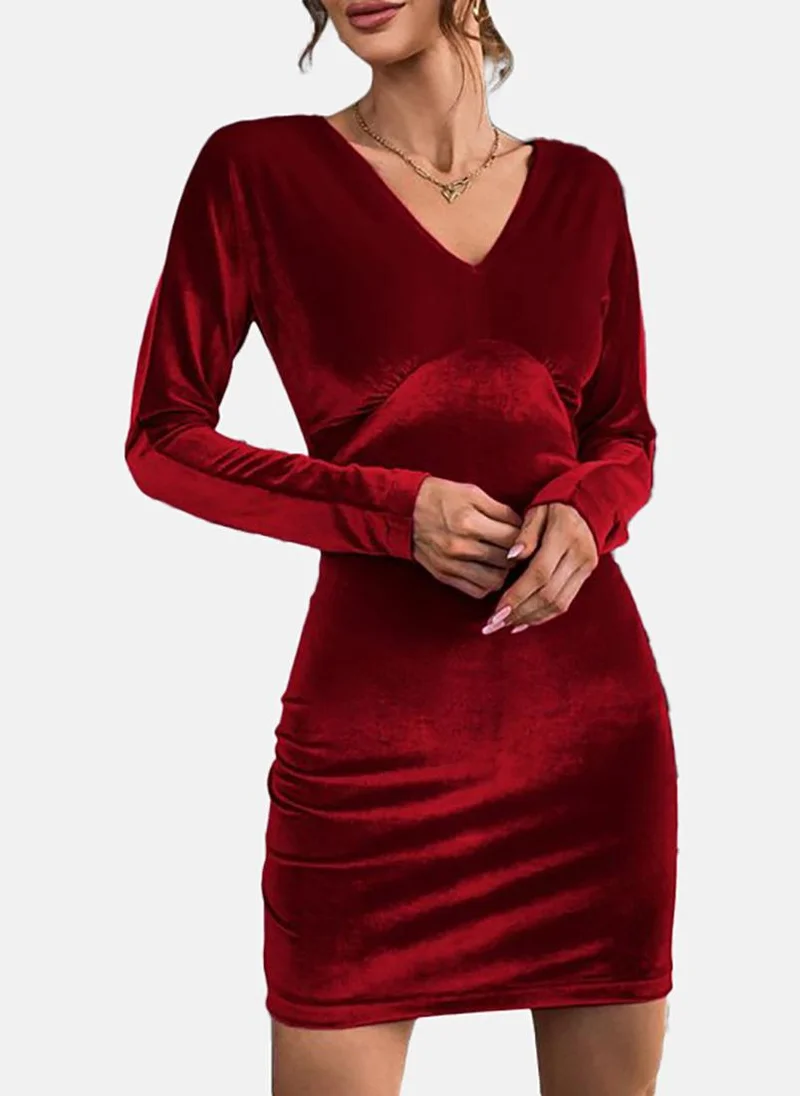 يونيكي Red Solid Long Sleeve V Neck Mini A-Line Dress