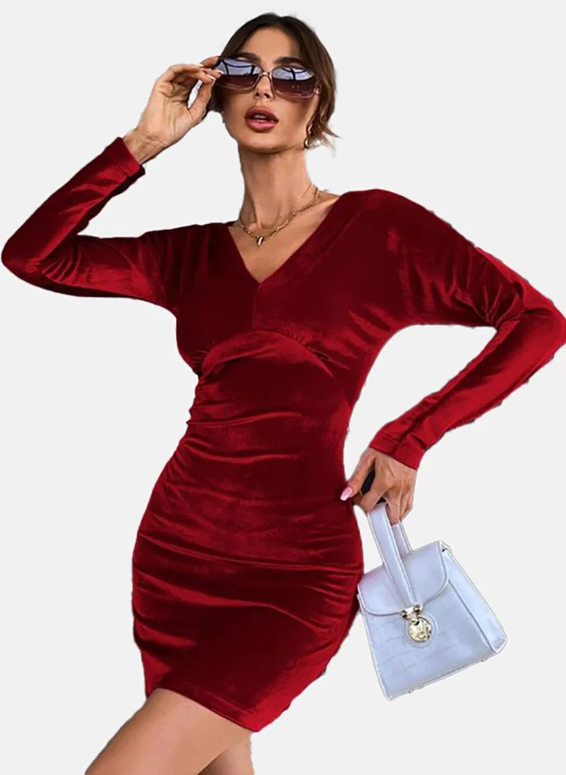 يونيكي Red Solid Long Sleeve V Neck Mini A-Line Dress