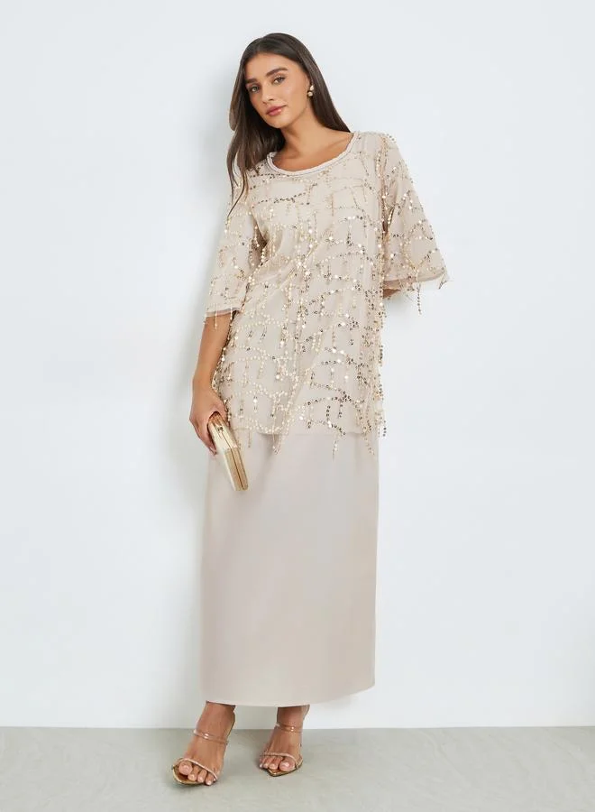 Beige Sequin A-Line Maxi Dress