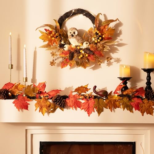 Valery Madelyn Fall Wreaths for Front Door Outside 18 Fall Door Wreath with Lights Cute Owl for Harvest Decor Autumn Maple Leaves Outdoor Decorations for Home Porch Halloween Thanksgiving Decor - Image 3