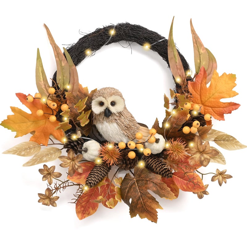 Valery Madelyn Fall Wreaths for Front Door Outside 18 Fall Door Wreath with Lights Cute Owl for Harvest Decor Autumn Maple Leaves Outdoor Decorations for Home Porch Halloween Thanksgiving Decor - Image 2