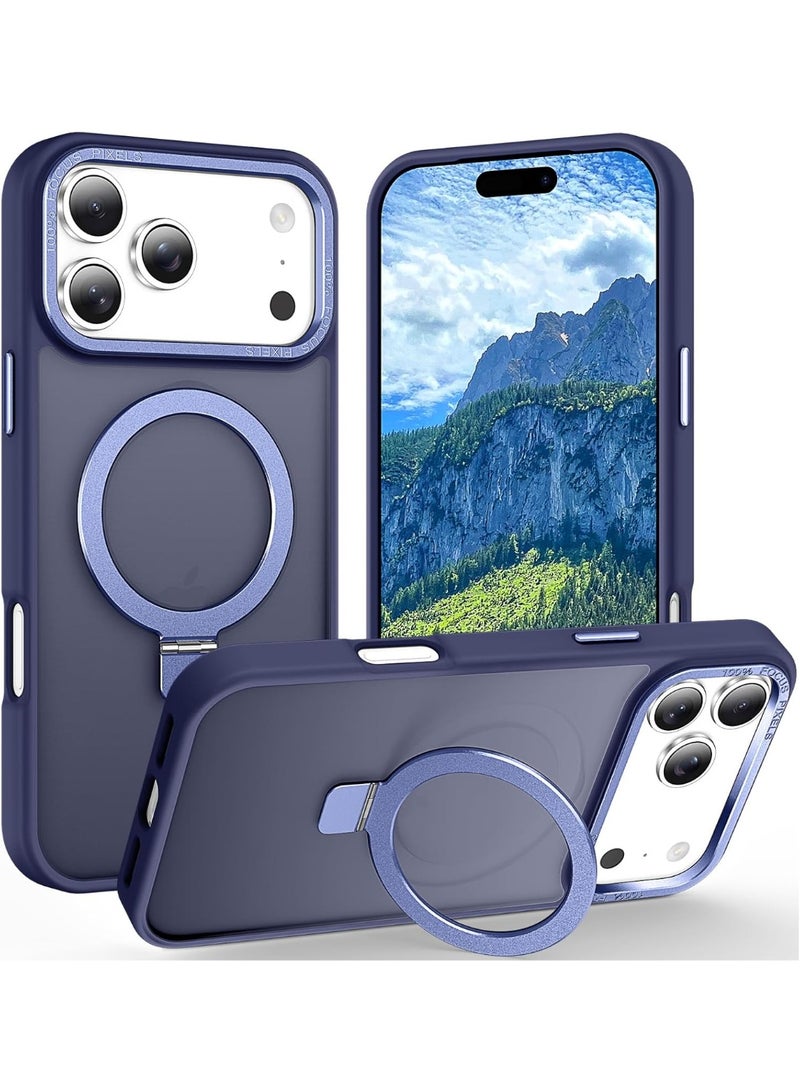 جراب مغناطيسي لهاتف iPhone 17 Pro Max مع حامل حلقي، [حماية من السقوط حتى 10 أقدام] [ملمس مخملي] جراب هاتف نحيف شفاف غير لامع مقاوم للصدمات لهاتف iPhone 17 Pro Max مقاس 6.9 بوصة، (أزرق)