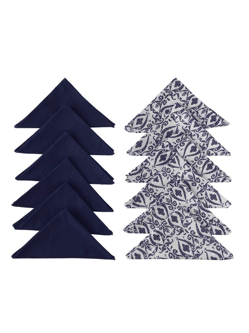 Dekor World Cotton Navy Blue Abstract Printed and Solid Napkin Set (Pack of 12) - Image 1