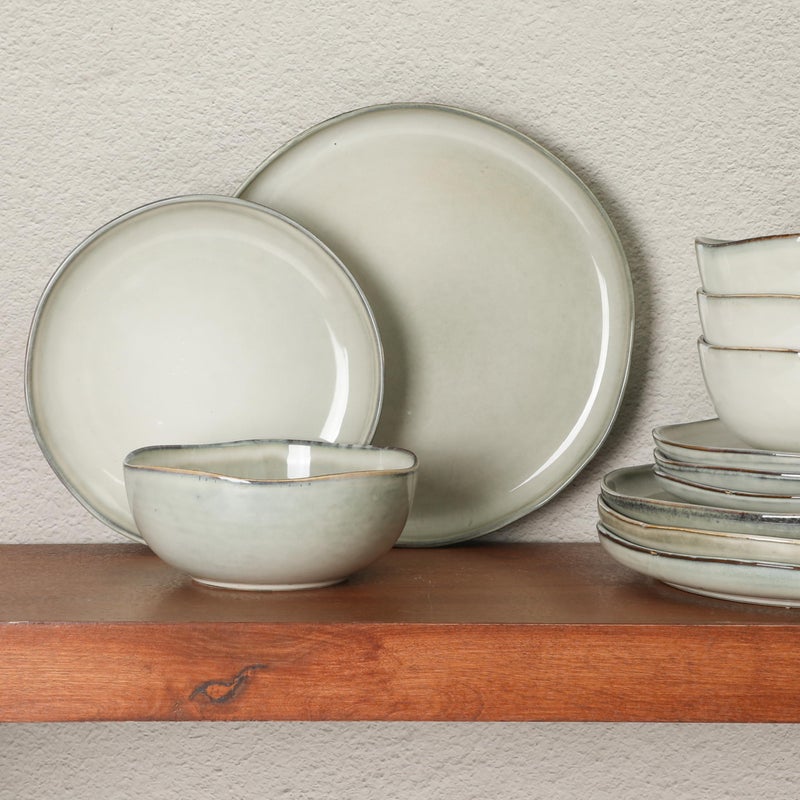 Gibson Elite Nardini 12 Piece (Service for 4) Plates and Bowls Reactive Glaze Dishes Stoneware Ceramic Dinnerware Set - Moon White - Image 2
