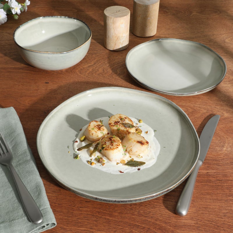 Gibson Elite Nardini 12 Piece (Service for 4) Plates and Bowls Reactive Glaze Dishes Stoneware Ceramic Dinnerware Set - Moon White - Image 4