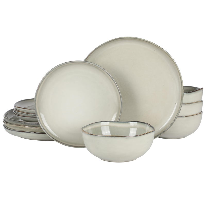 Gibson Elite Nardini 12 Piece (Service for 4) Plates and Bowls Reactive Glaze Dishes Stoneware Ceramic Dinnerware Set - Moon White - Image 1