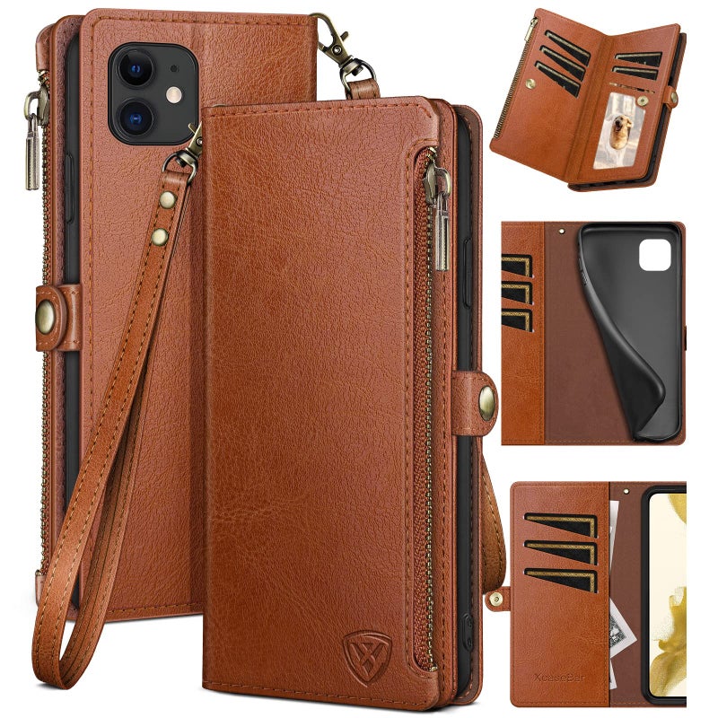 XcaseBar for iPhone 11 61 Wallet case with Zipper Credit Card HolderRFID Blocking Flip Folio Book PU Leather Phone case Shockproof Cover Women Men for Apple 11 case Light Brown - Image 2