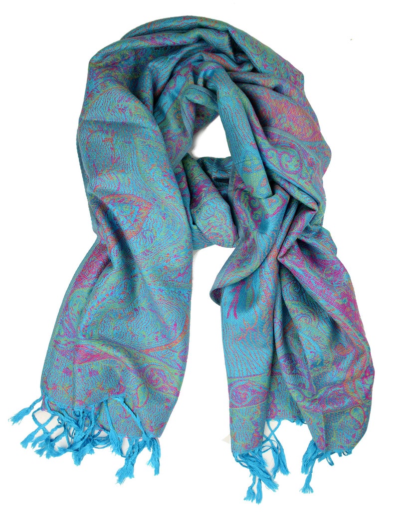 Plum Feathers Pashmina Scarf with Ethnic Tapestry Style Paisley Pattern - 67" x 28" Everyday Pashmina Travel Wrap and Shawl (Turquoise Tapestry) - Image 2