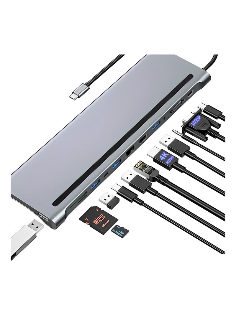 واي آند دي USB C HUB Docking Station Dual Monitor, 12 in 1 Triple Display Thunderbolt 3 C, HDMI 4K, VGA, 3.5Audio, Ethernet, USB-C, SD/ TF, Compatible with Dell/ Surface/ HP/ Lenovo Laptops  - Image 1