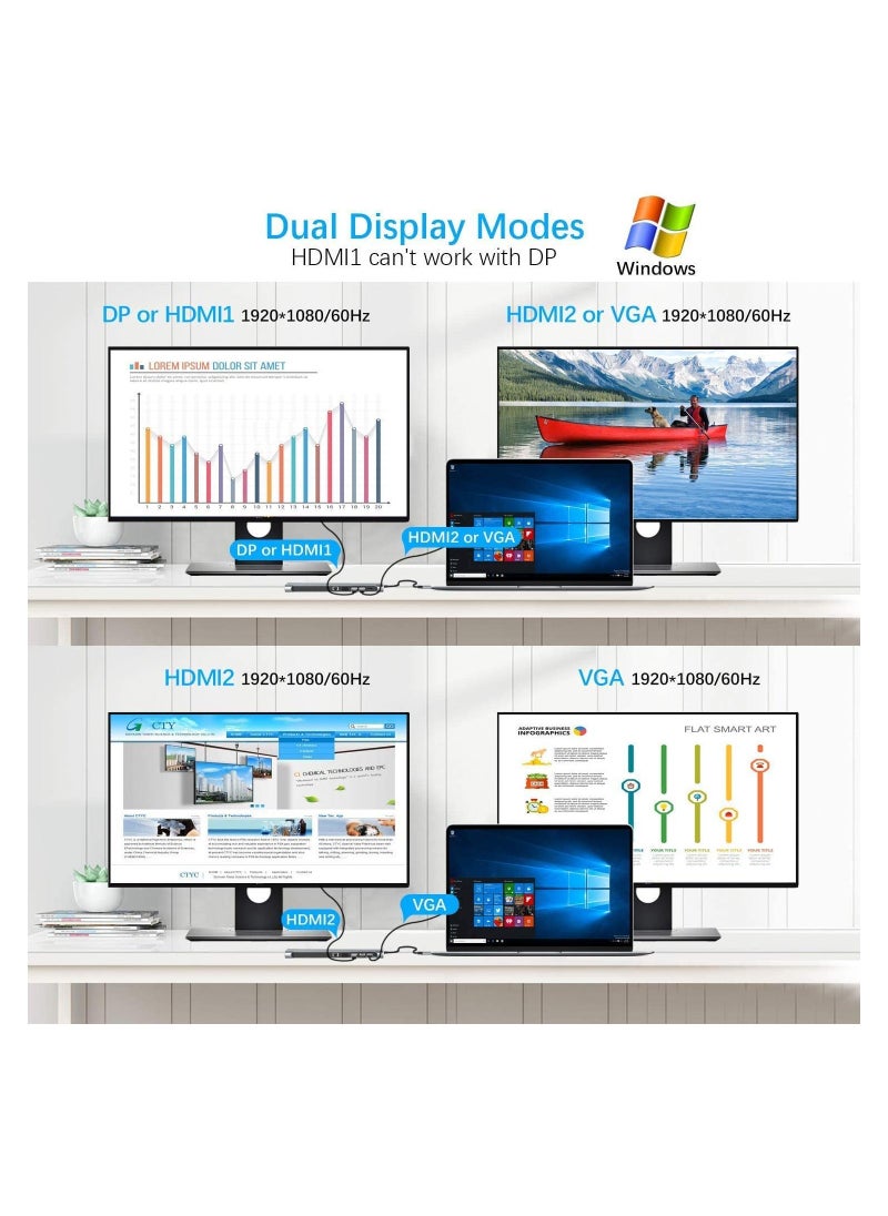 واي آند دي USB C HUB Docking Station Dual Monitor, 12 in 1 Triple Display Thunderbolt 3 C, HDMI 4K, VGA, 3.5Audio, Ethernet, USB-C, SD/ TF, Compatible with Dell/ Surface/ HP/ Lenovo Laptops  - Image 5