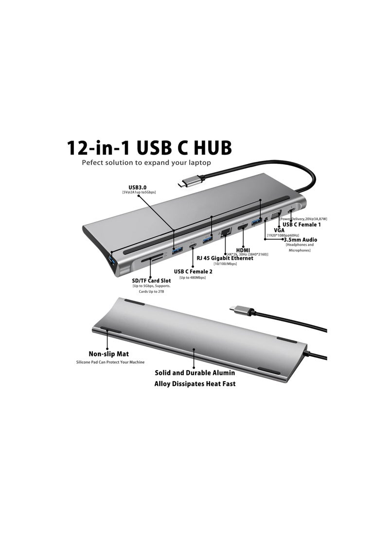 واي آند دي USB C HUB Docking Station Dual Monitor, 12 in 1 Triple Display Thunderbolt 3 C, HDMI 4K, VGA, 3.5Audio, Ethernet, USB-C, SD/ TF, Compatible with Dell/ Surface/ HP/ Lenovo Laptops  - Image 3