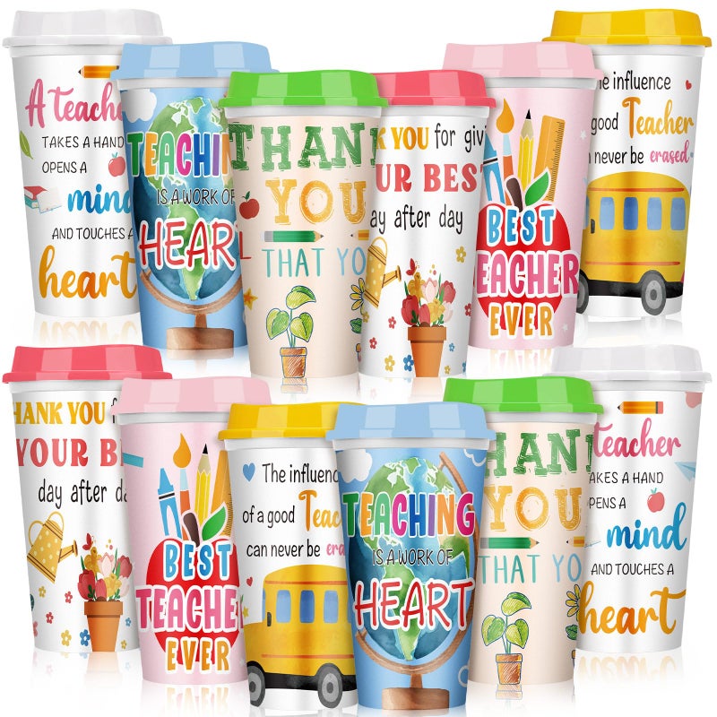Skylety 12 Pcs Teacher Appreciation Gifts Teacher Gifts Bulk End of The Year Teachers Deals Reusable Plastic Coffee Cup with Lid for Back to School Party Decorations Vivid - Image 2