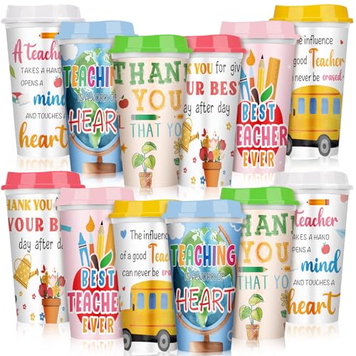 Skylety 12 Pcs Teacher Appreciation Gifts Teacher Gifts Bulk End of The Year Teachers Deals Reusable Plastic Coffee Cup with Lid for Back to School Party Decorations Vivid - Image 1