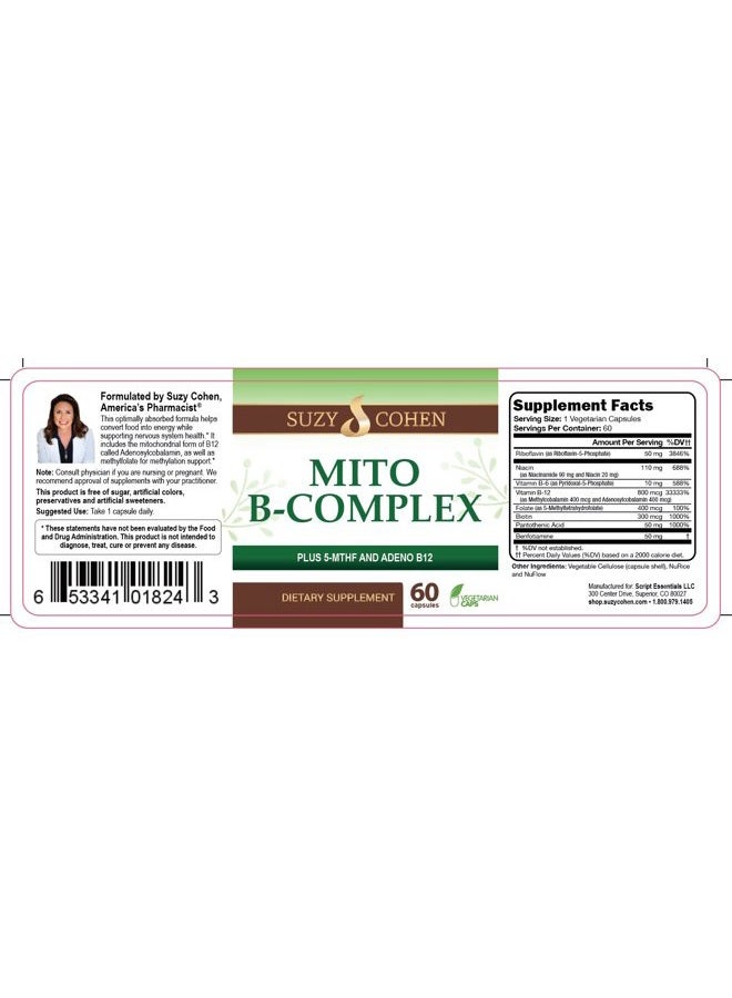 Script Essentials Suzy Cohen, Mito B Complex Dietary Supplement, 5-MTHF, Adeno B12, Methylation Support, Supports Healthy Nervous System, Boost Energy, Vitamin B, 60 Servings - Image 5