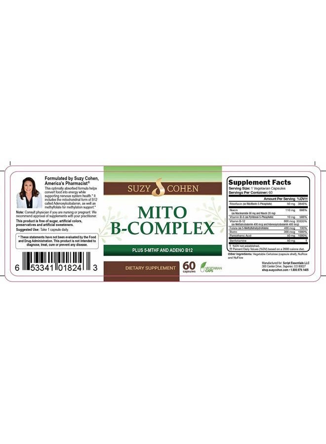 Script Essentials Suzy Cohen, Mito B Complex Dietary Supplement, 5-MTHF, Adeno B12, Methylation Support, Supports Healthy Nervous System, Boost Energy, Vitamin B, 60 Servings - Image 3