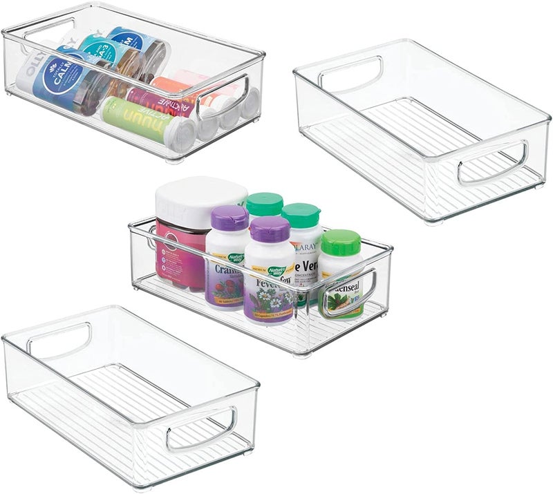 NICOYA Plastic Bathroom Storage Container Bins with Handles for Organization in Closet Cabinet Vanity or Cupboard Shelf Accessory Organizer for Hair Tools Vitamins or Lotion 4 Pack Clear - Image 2