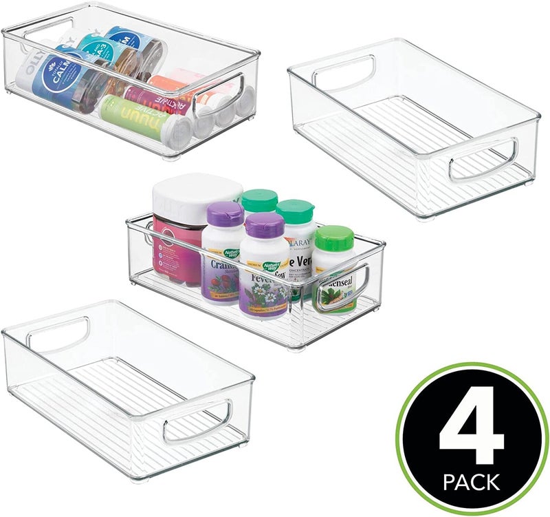 NICOYA Plastic Bathroom Storage Container Bins with Handles for Organization in Closet Cabinet Vanity or Cupboard Shelf Accessory Organizer for Hair Tools Vitamins or Lotion 4 Pack Clear - Image 3