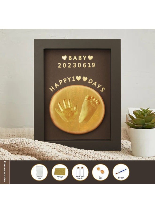 Baby Full Moon Commemorative Hand And Foot Print Baby Handprint Footprint Photo Frame Newborn One Hundred Days Hand And Footprint Fetal Hair Souvenir-Specification:8inch Walnut Vertical Style (available Before Half A Year Old) + Bottle  - Image 1