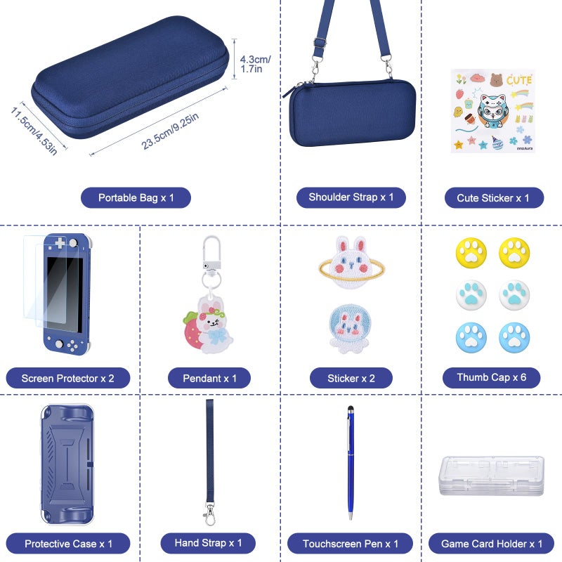 innoAura Switch Lite Case 18-in-1 Accessories Bundle for NS Switch Lite (2019), with Protective Carrying Case, Game Holder, Screen Protector & Cute Thumb Grips, Blue - Image 2