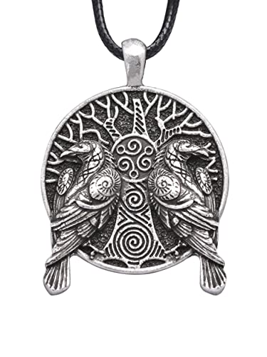HAQUIL Raven Necklace, Huginn and Muninn Tree of Life Pendant, Faux Leather Cord, Viking Jewelry Gift - Image 1