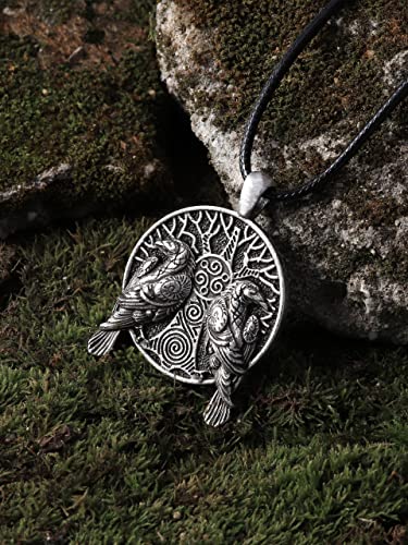 HAQUIL Raven Necklace, Huginn and Muninn Tree of Life Pendant, Faux Leather Cord, Viking Jewelry Gift - Image 4