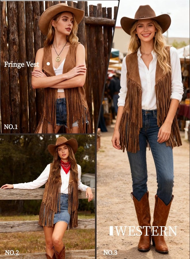 Verceco 6 PC Cowgirl Western Outfits for Women Retro Cowgirl Costumes Fringe Vest Cow Girl Hat for Women Country 70s Hippie Outits (Hippy-Pink, M) - Image 5