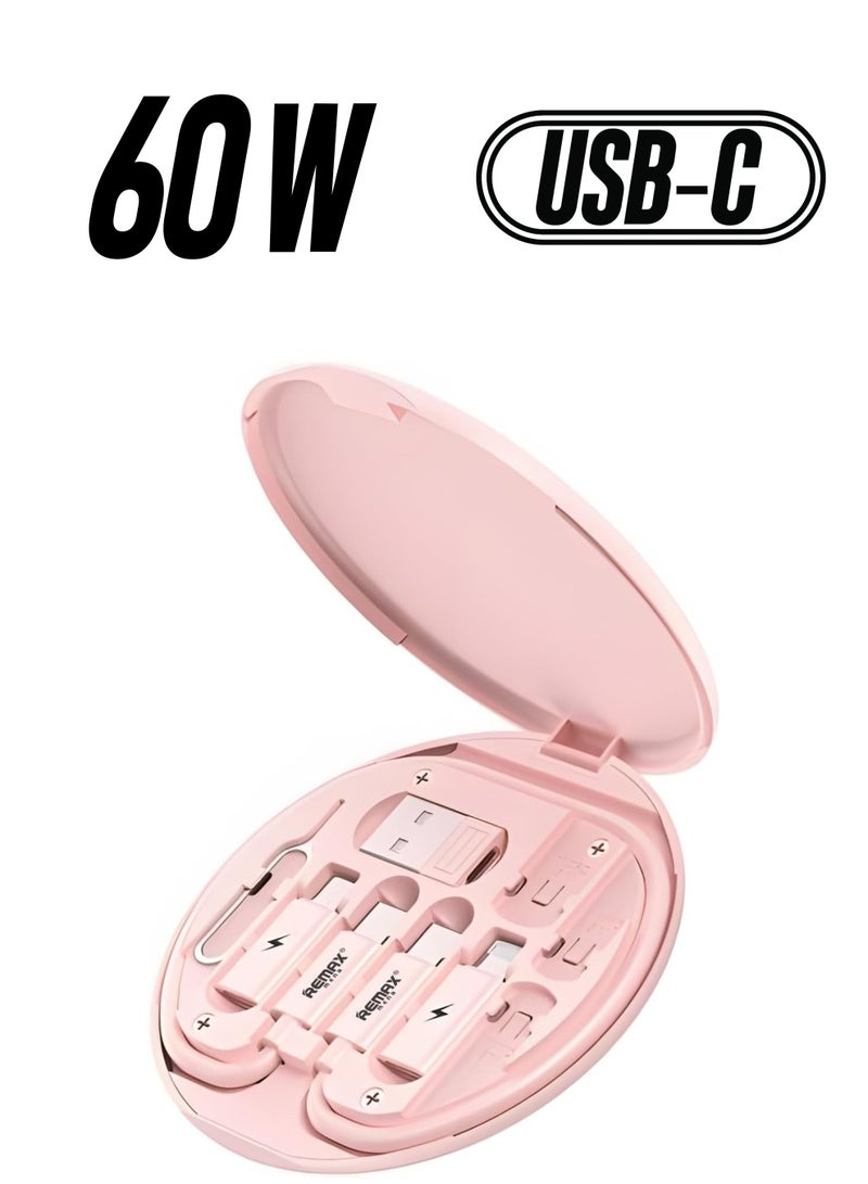 Remax Mena 60W Data Cable Fast Charger Multifunctional Set (USB To Type C/USB To Iph/C TO C/C TO/C TO Micro), 3A Max, 29CM (Pink) - Image 1