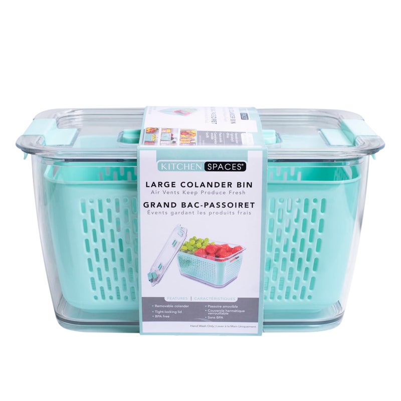 Kitchen Spaces Colander Bin Produce Saver Fridge Organizer With Lid Wash Strain and Store Great for Refrigerator Freezer and Pantry Large Mint Green Pack of 1